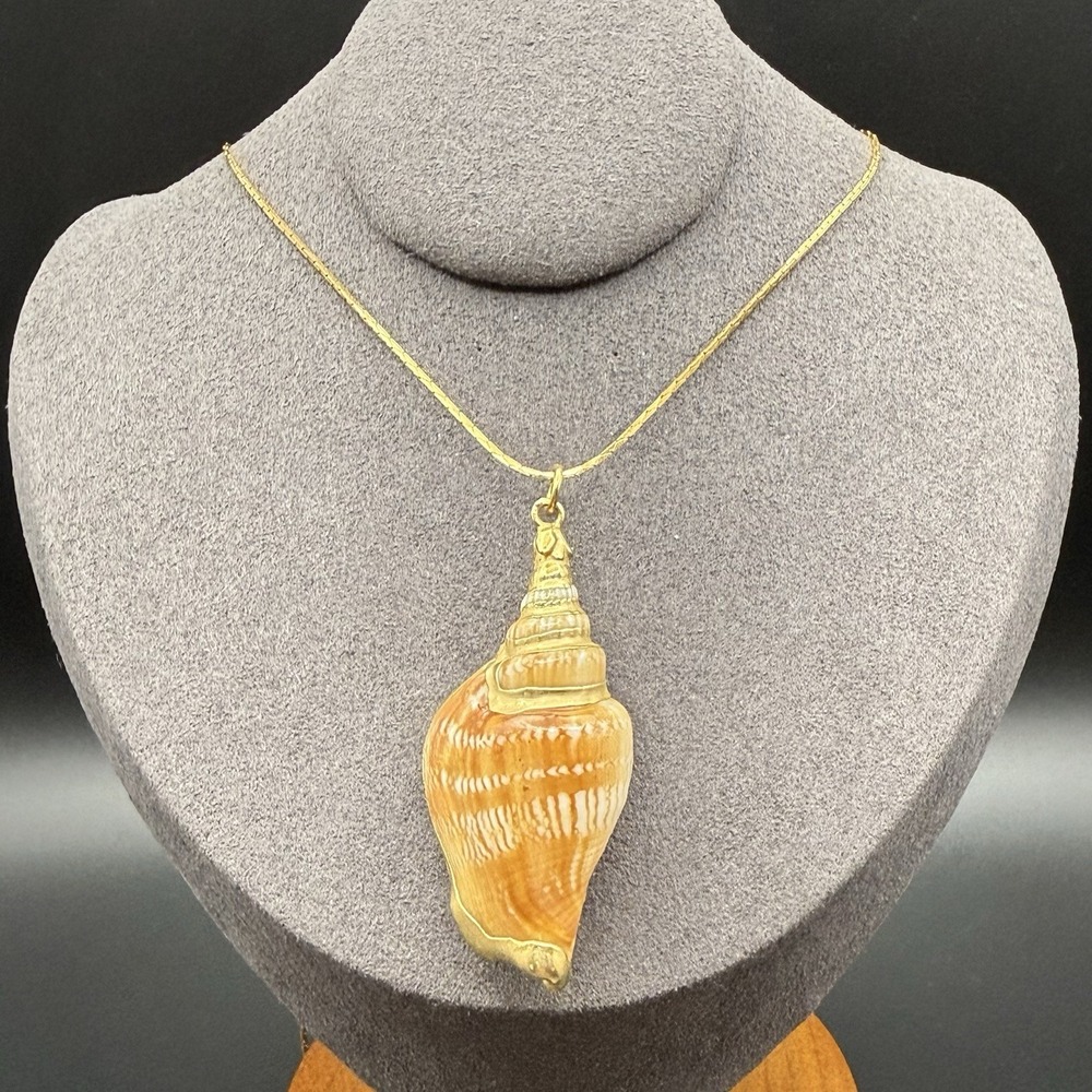 Vintage Conch Seashell Electroform Pendant Gold Tone Necklace Coastal Boho 30"